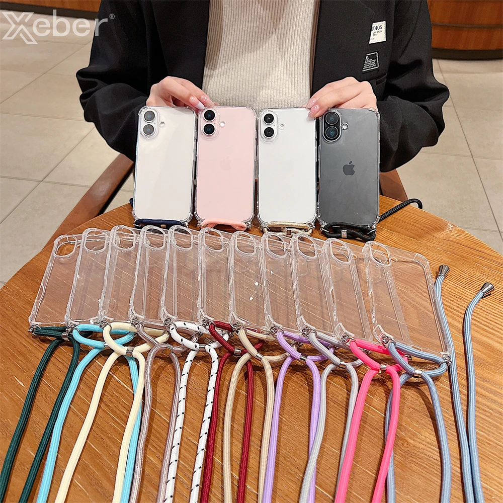 For iPhone 18 17 16 15 14 ProMax Crossbody Necklace Cord Lanyards Transparent Case For iPhone 11 12 13 Pro Max XS XR Soft Cover