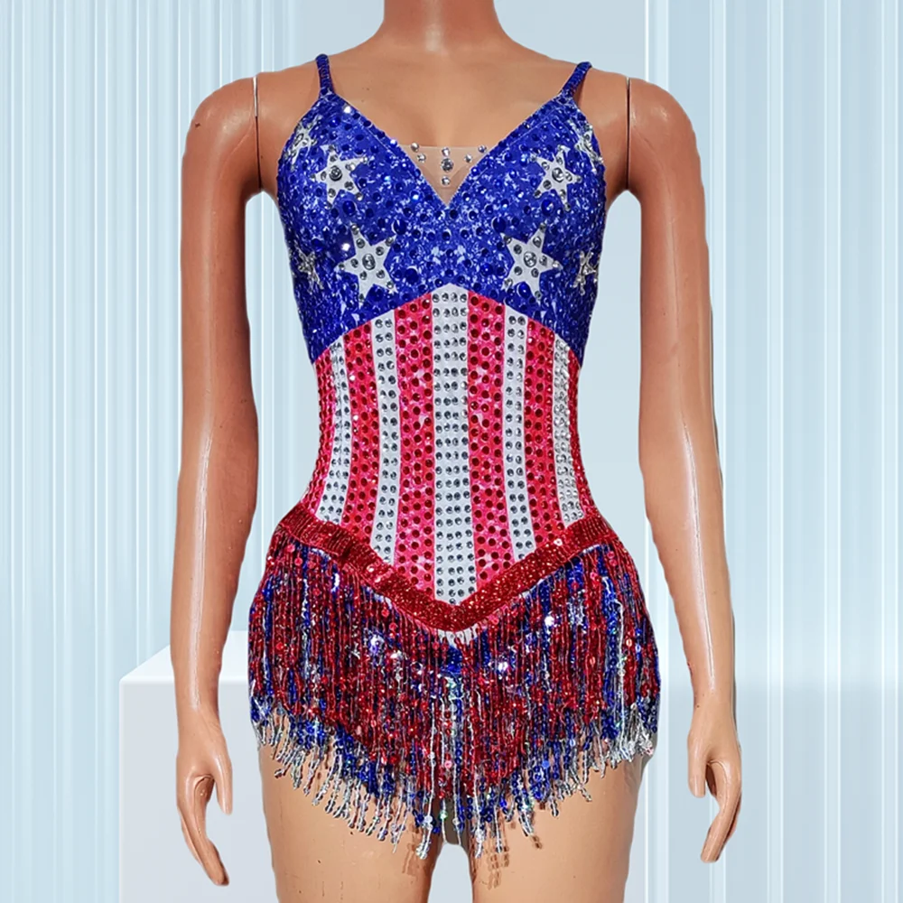 

Women Luxury Beading Tassel Bodysuits Spaghetti V Neck Special Occassion Topic Evening Party Nightclub Stage Costumes