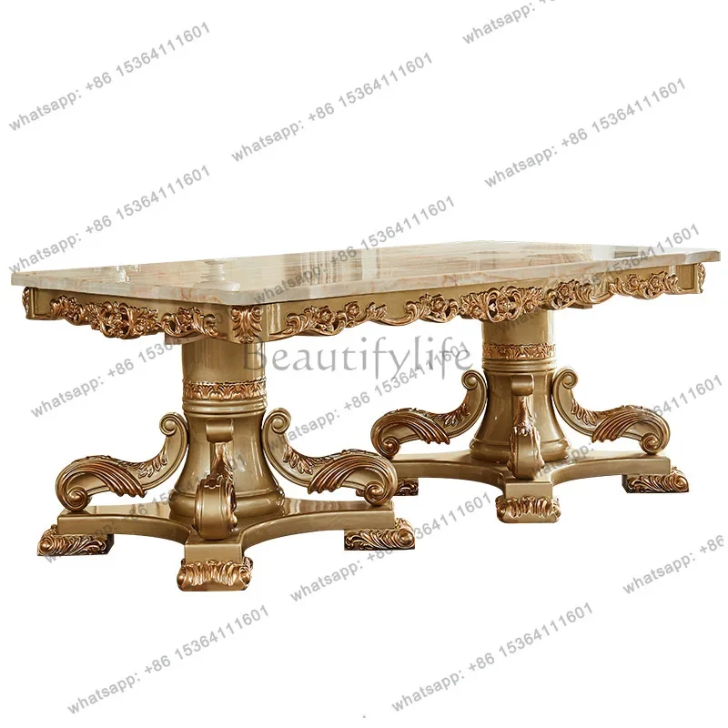 

FGEuropean Marble Rectangular Dining Table Villa High-end Dining Room Home Solid Wood Carved Long Table Gold