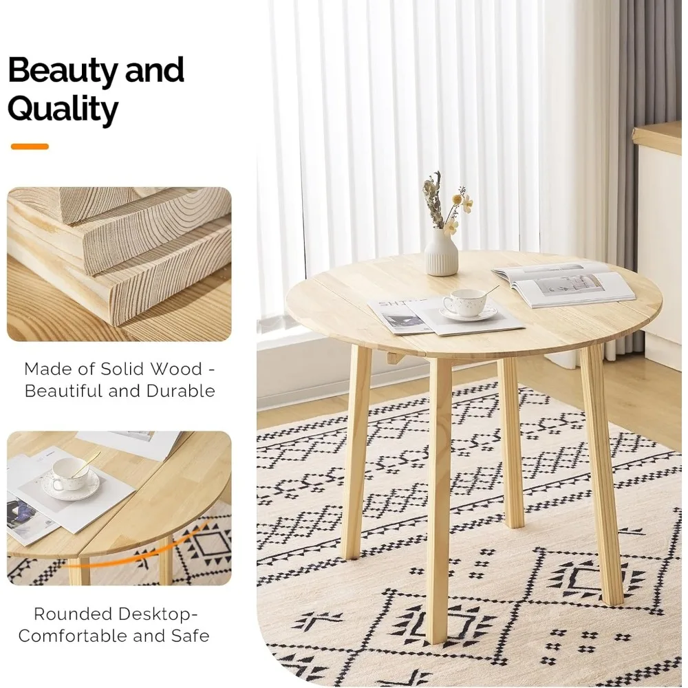 35" Solid Wood Folding Dining Table, Drop Leaf Kichen Dining Room Desk for Small Spaces, Small Kitchen, Expandable Foldin