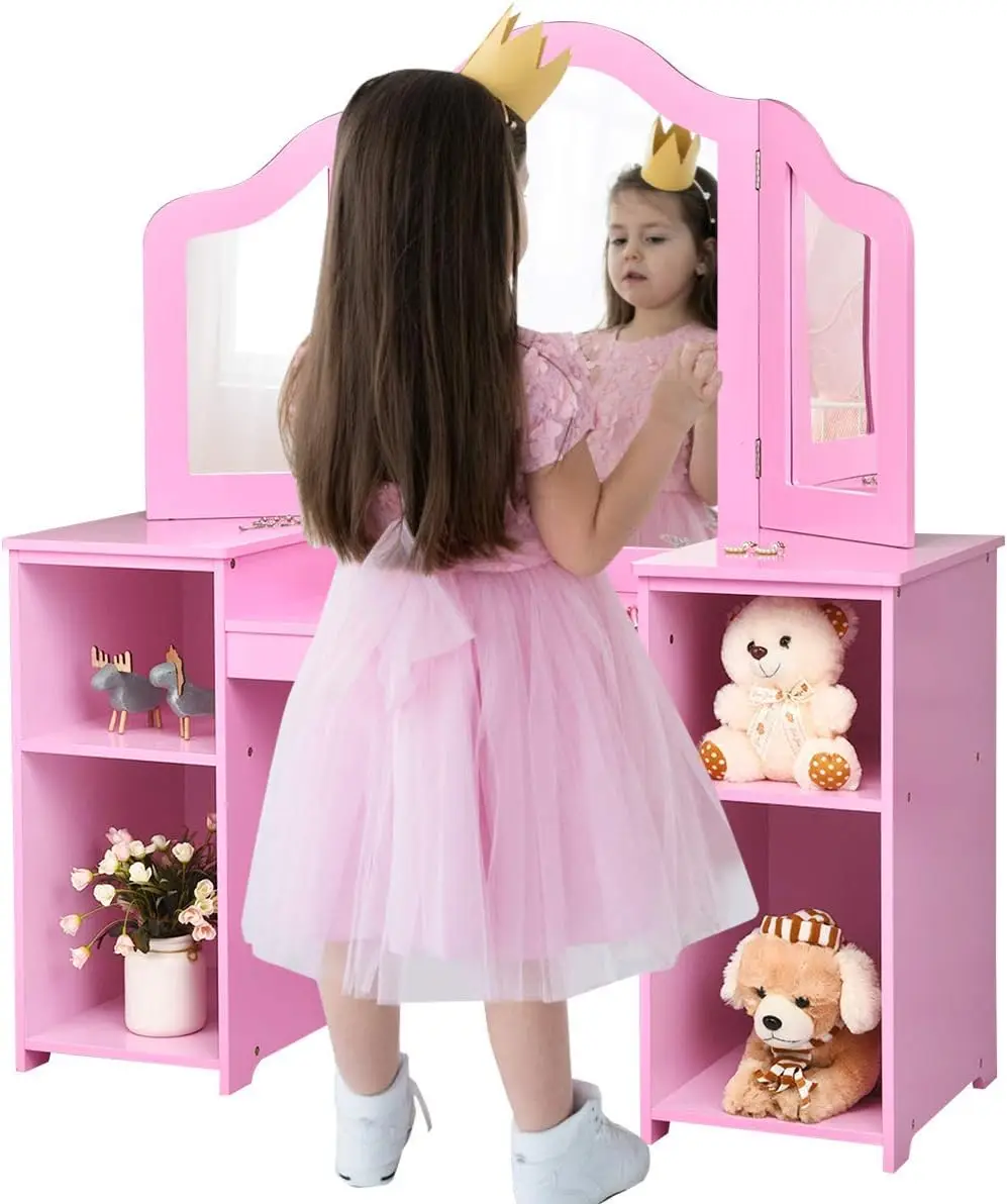 Kids 'Princess Makeup Desk, Penteadeira com Top Destacável, Toddler Vanity, Tri-Fold Mirror, Prateleira de Armazenamento, 2 em 1