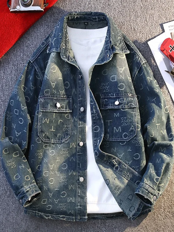 

Casual Loose Men's Denim Jaet Autumn Faion Brand Letter Print Turn-down Collar irt Vintage Workwear Jaet for Youth