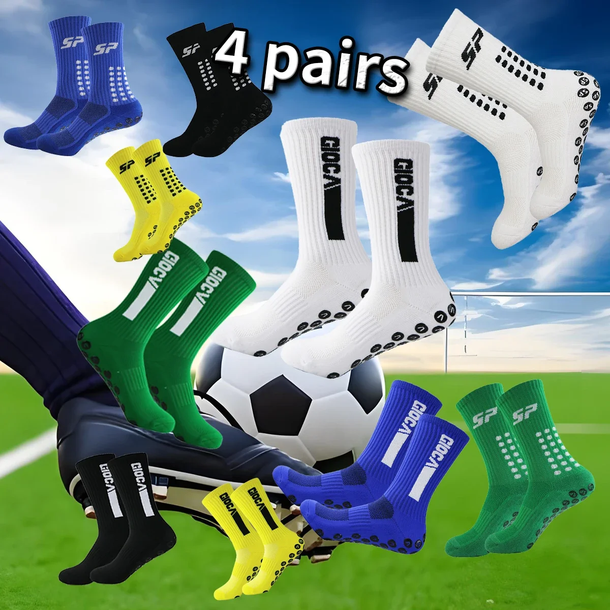 4Pairs Non-slip Football Socks With Grip Pads Breathable Outdoor Sports Socks For Soccer, Rugby, Basketball, Running