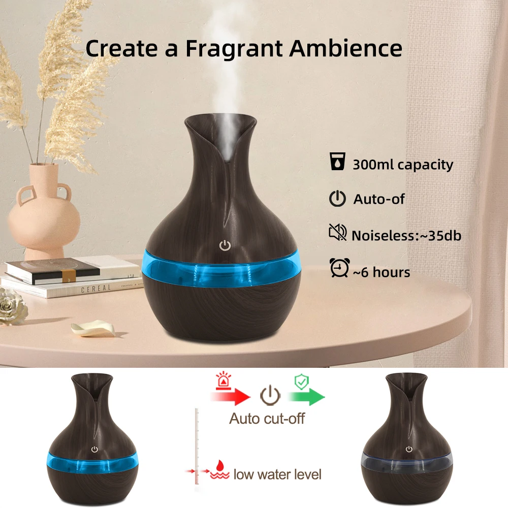 300ml USB Aromatherapy Humidifier with 2 Essential Oils, Touch Control for Home/Office/Travel