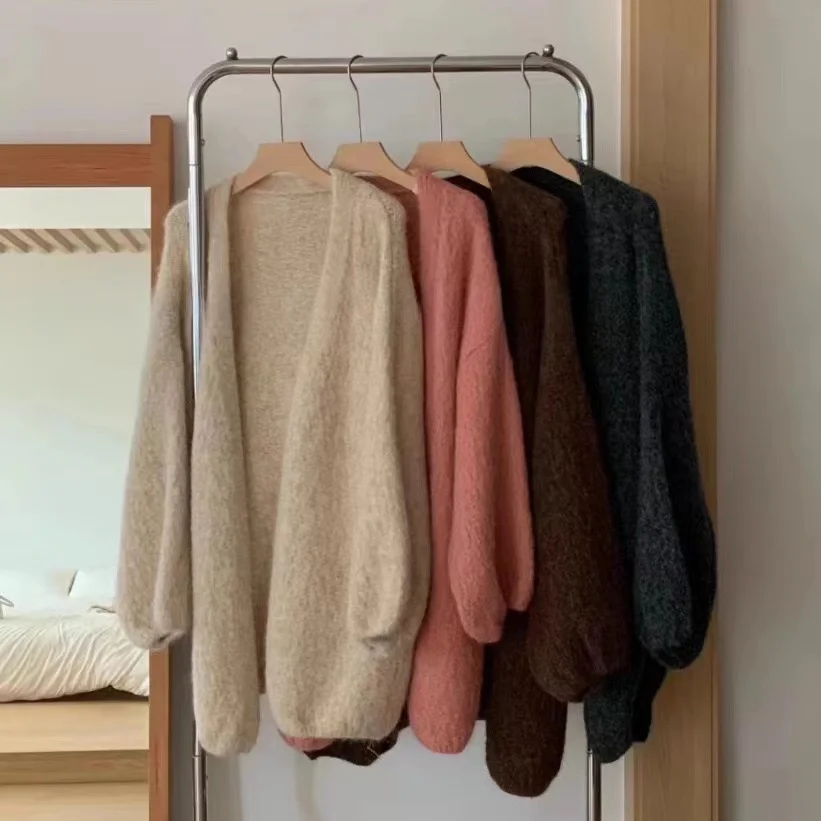 

Mid-Long Cardigans Kawaii Womens Autumn Argyle Fairycore Foldover Fitting Quarter-Zip Soft Oversize Mohair Cable Varsity Crop OL