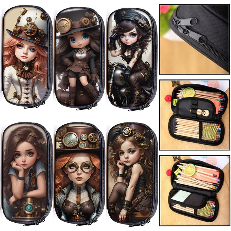 Cute Steampunk Girls Print Cosmetic Case Women Pencil Bags Stationary Bag Portable Student Pencil Box School Supplies Gift