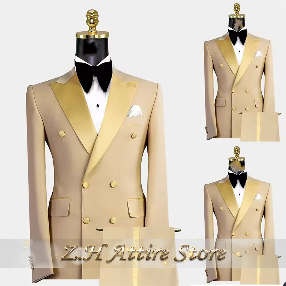 

Khaki Men's Suit 2 Pieces Double breasted Blazer Pants Slim Fit Notch Lapel Party Solid Custom-made Tuxedo For Wedding Groom