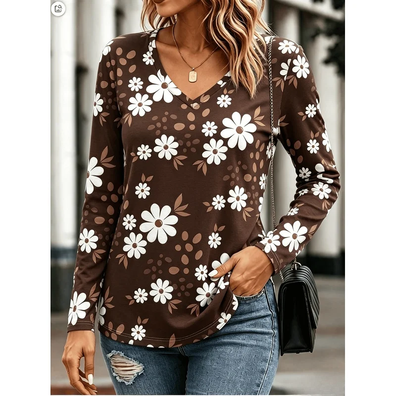 Casual Fashion Women's Long Sleeve T Shirt V Neck Breathable All Over Print Ethnic Abstract Painting Geometric Stripe Floral