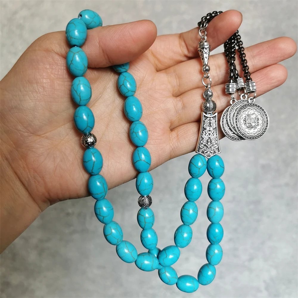 Muslim Tesbih Allah Jewelry Oval 10*13mm Turquoise Synthetic Stone Silver Tassel Tasbih 33 Prayer Beads Rosary Misbaha