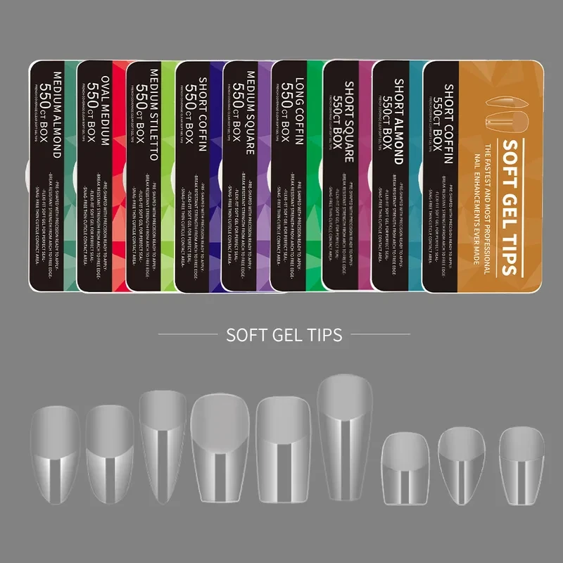 Set de 550 puntas de gel suave, tallas 0-11, semi esmeriladas, cubierta completa, ultra finas 4