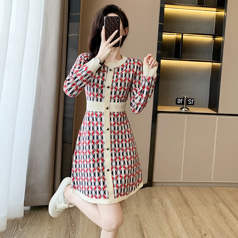 #0937 Office Plaid Sweater Dress Women Vintage A-line Dress Round Neck Buttons Slim Fit Sexy Stretch Retro Dress Spring Autumn