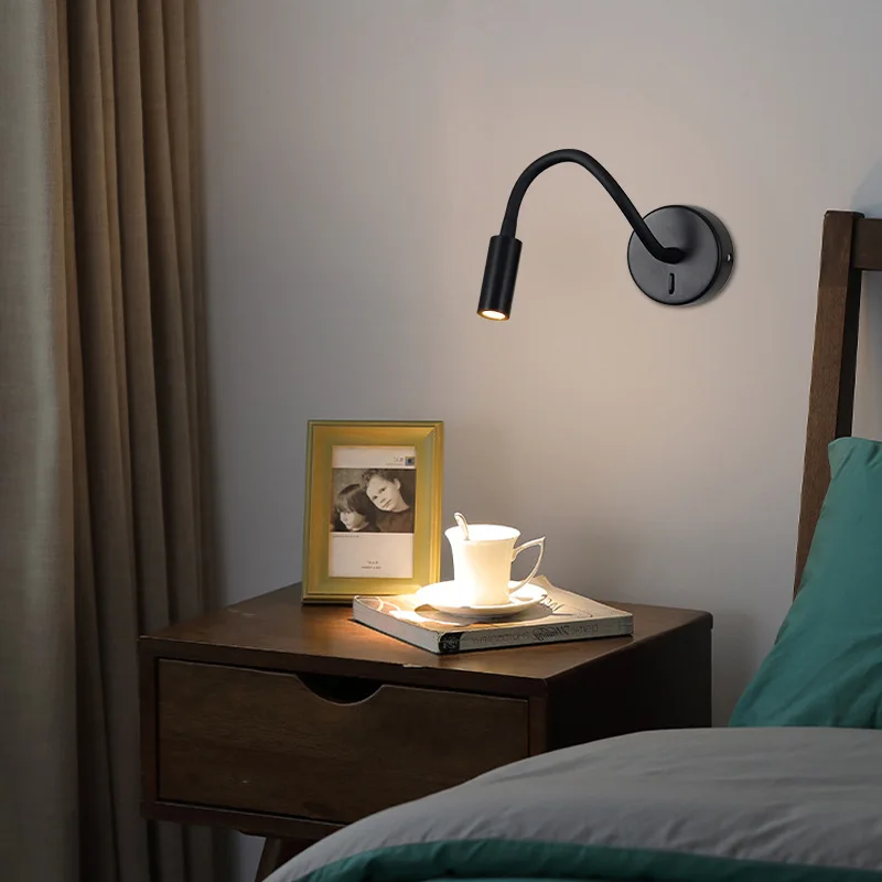 Minimalist 3W LED Wall Lamp With Switch Flexible Gooseneck Tube Indoor Reading Light Bedroom Bedside Headboard Desk Night Light