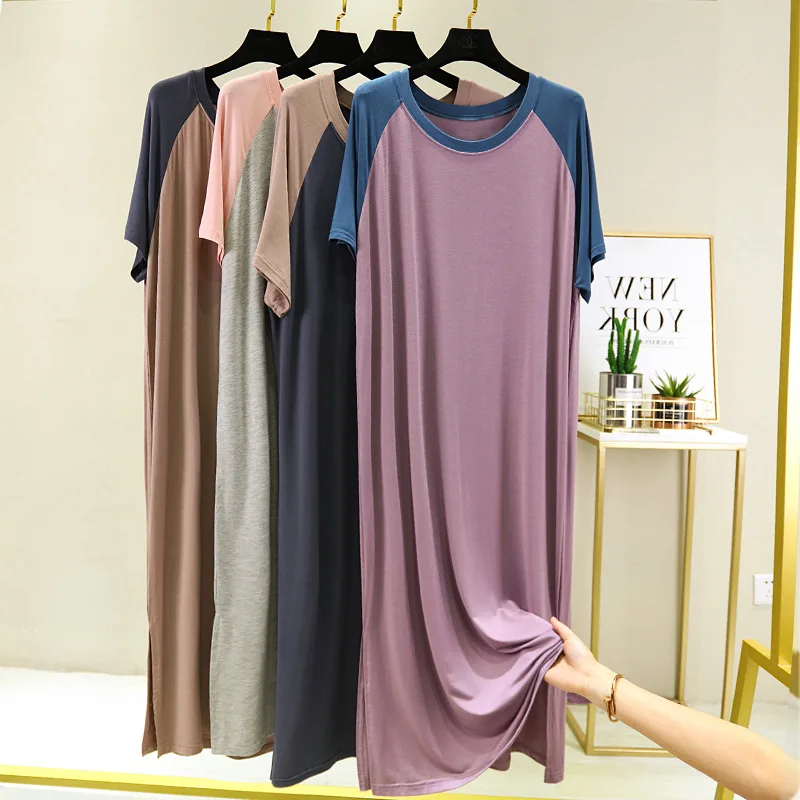 

Modal Nightgown Women's Summer Plus Size Homewear Loose Night Dress V-neck Nightwear A-line Skirt Thin Patchwork Nightdress