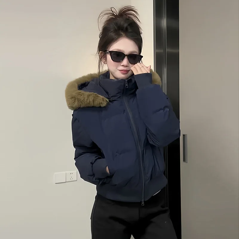 

Женская зимняя куртка в американском ретро-стиле с капюшоном, меховым воротником, теплая, маленький размер, трендовая