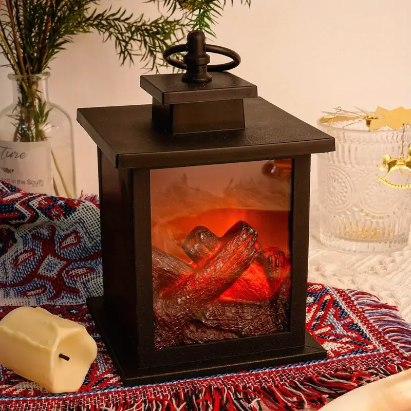 Flickering Flame LED Night Light Portable Fireplace Effect Lantern for Christmas Wedding Party Home Decoration Desktop Ornament