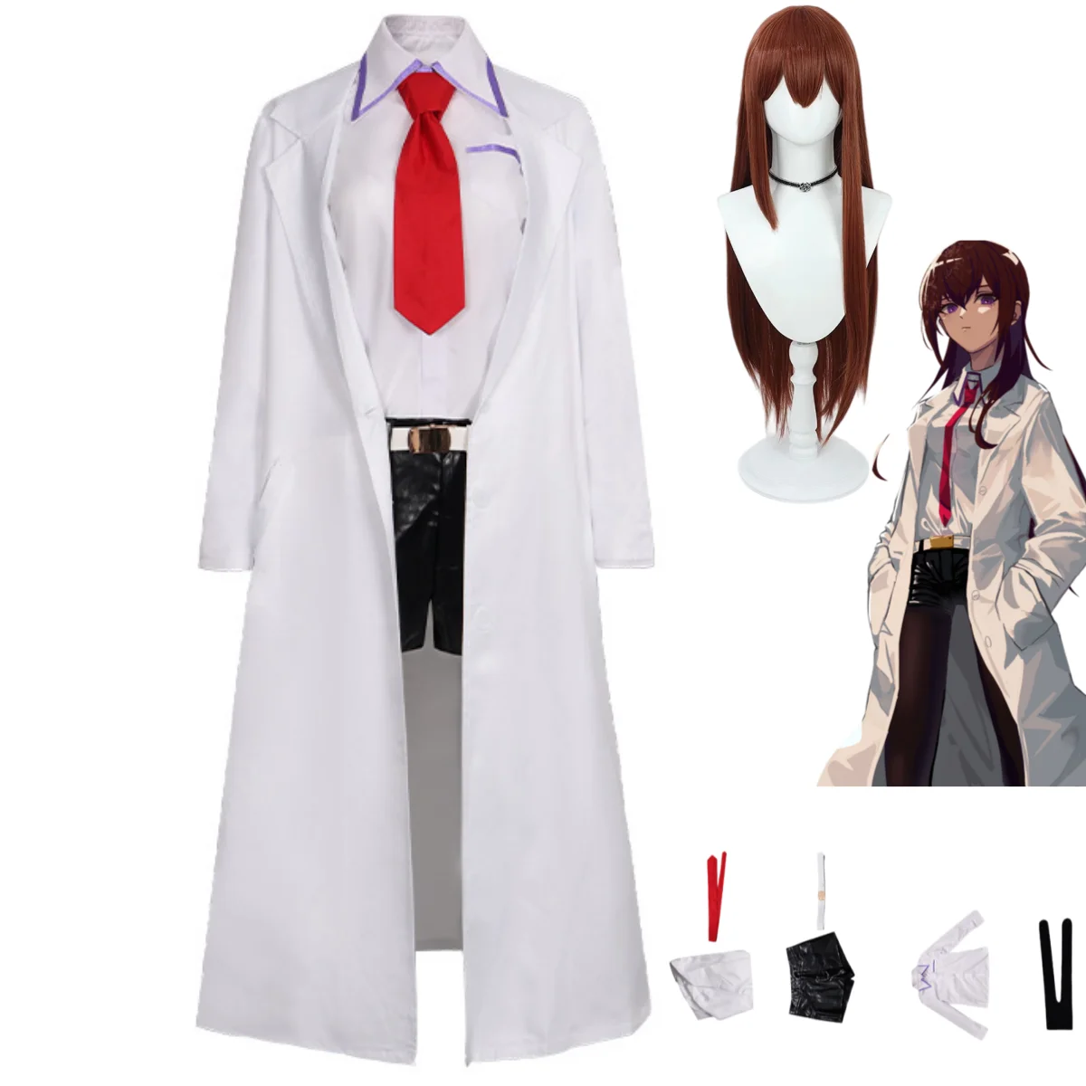 

Костюм для косплея Макисе Курису из аниме Steins Gate: белый плащ, рубашка, шорты, униформа, парик, карнавальный костюм для взрослых женщин
