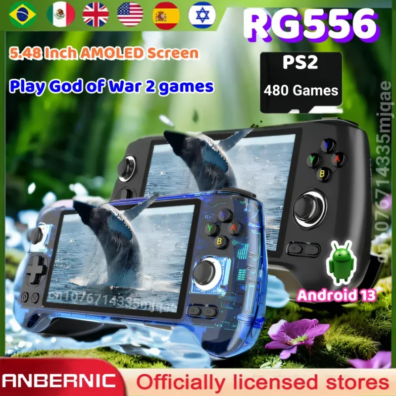 ANBERNIC RG556 وحدة تحكم ألعاب محمولة PS2 Unisoc T820 Android13 شاشة AMOLED 5.48 بوصة WIFI 512G 256G PS2 3DS WII ألعاب