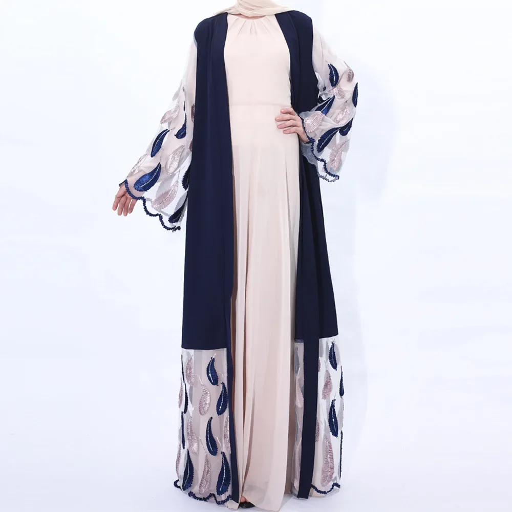 

Fashion Embroidery Muslim Dress Women Middle East Abaya Cardigan Over A Leaf Pattern Long Sleeve Turkey Elegant Dress for Women