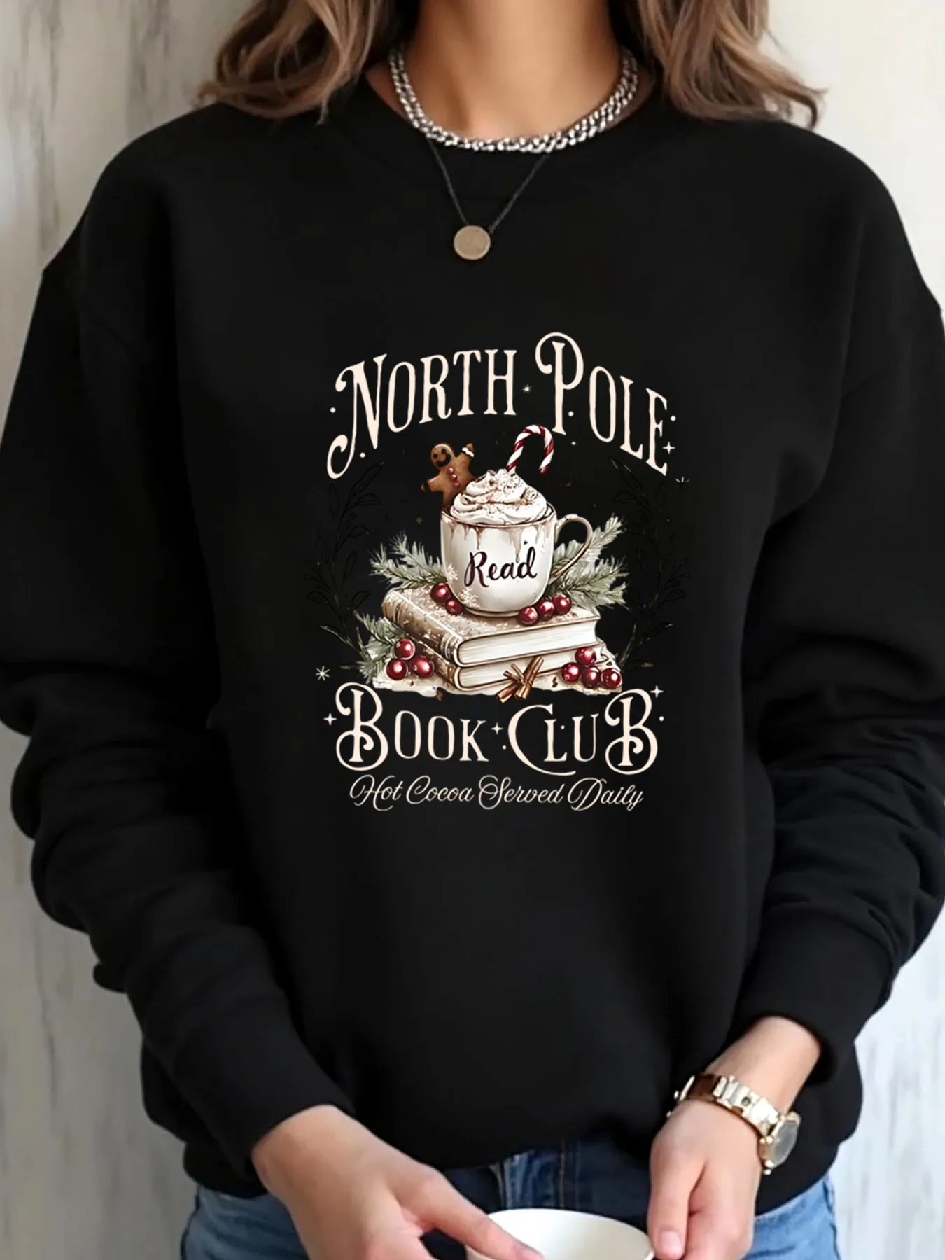 เสื้อสเวตเชิ้ตผู้หญิงไซส์ใหญ่ ลายคริสต์มาส ชมรมหนังสือขั้วโลกเหนือ ลายช็อกโกแลตร้อน สำหรับใส่กลางแจ้ง
