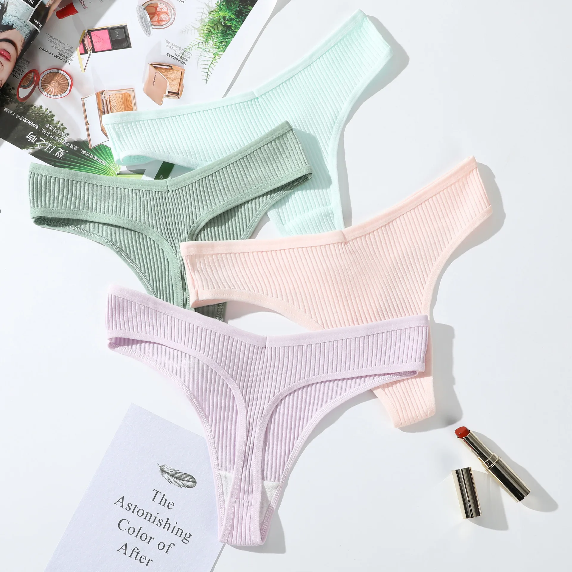 4Pcs/Set Cotton Women\'s Thongs Panties Sports Breathable Underwear Girl Sexy Lingerie Female Striped G-String Simple Lady T-Back