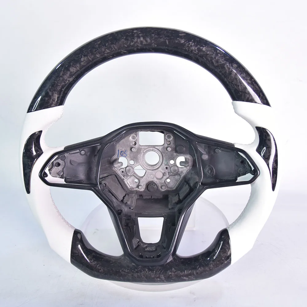 Elegant White Leather Forged Carbon Fiber Steering Wheel For Volkswagen MK8, Premium Custom Edition