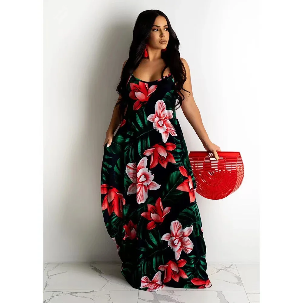 New Women Dress Floral Print Loose Halter Dress Long Skirts
