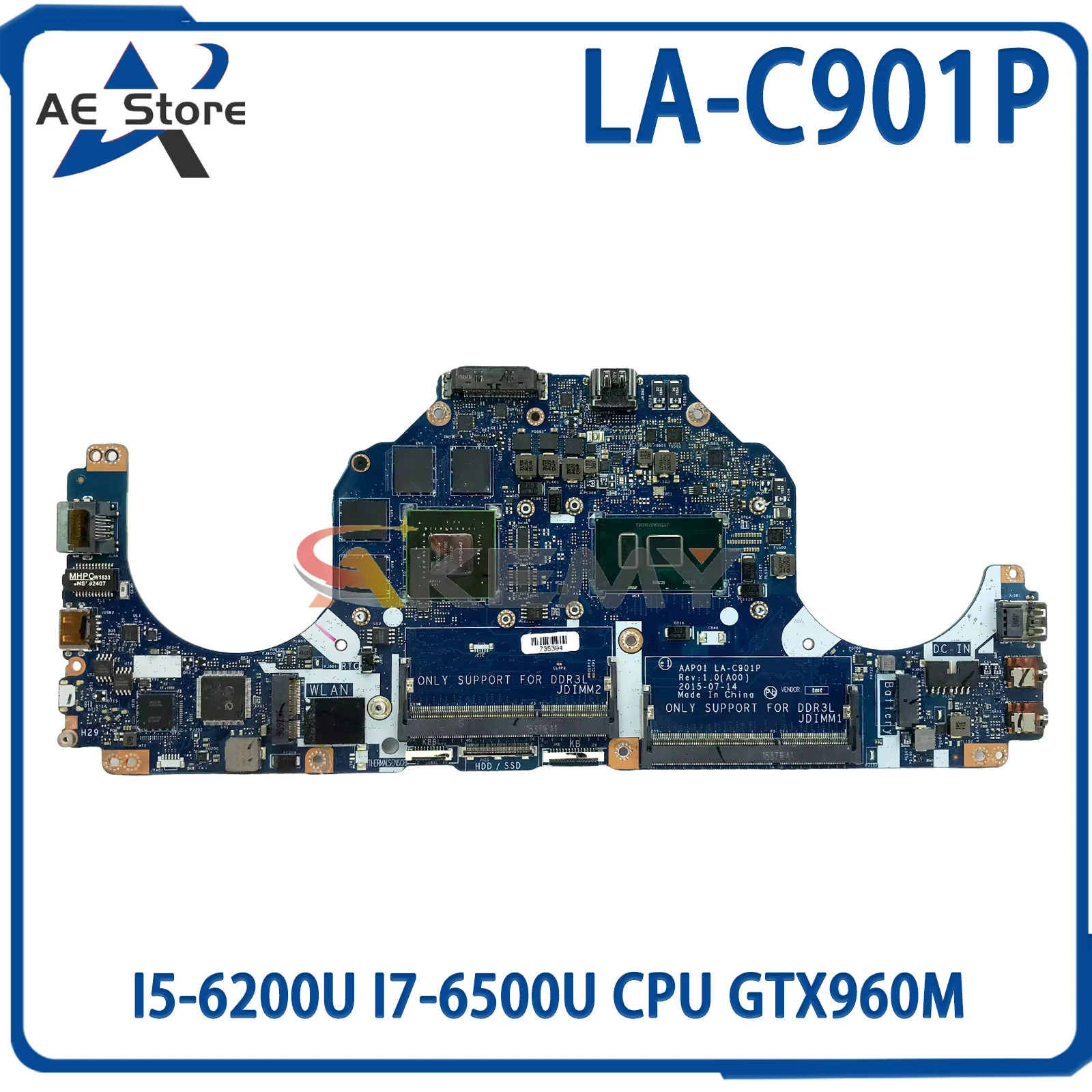 

AE LA-C901P Mainboard For Dell Alienware 13 R2 CN-0NHYX3 0V3TCJ 0VC62V Laptop Motherboard with I5-6200U I7-6500U CPU GTX960M