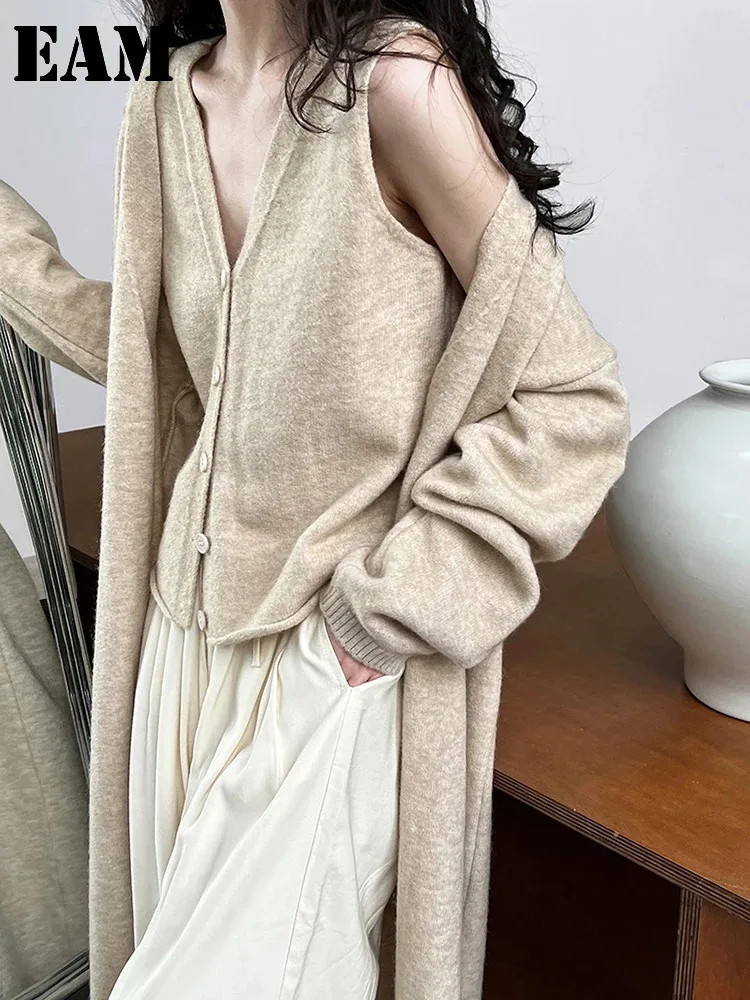 

[EAM] Gray Big Size Casaul Knitting Cardigan Sweater Loose Fit V-Neck Long Sleeve Women New Fashion Spring Autumn 2024 1DH1339