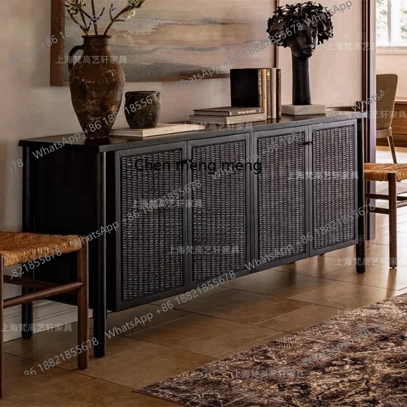 

French retro solid wood dining side cabinet, wabi-sandy wind porch cabinet, woven rattan shoe cabinet, wall locker