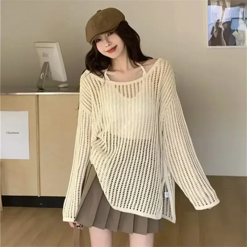 Gothic Hollowed Out Knitted Pullover Sweater Top Perspective Oversized Smock Long-sleeved T-shirt Folded Wear Loose Top