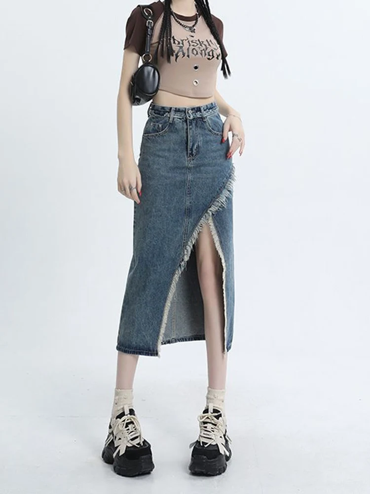High Waist A-Line  Dress Vintage Ripped Color Block Slimming Midi Skirt for Women Commute Casual Daily Travel Jeans Skirt