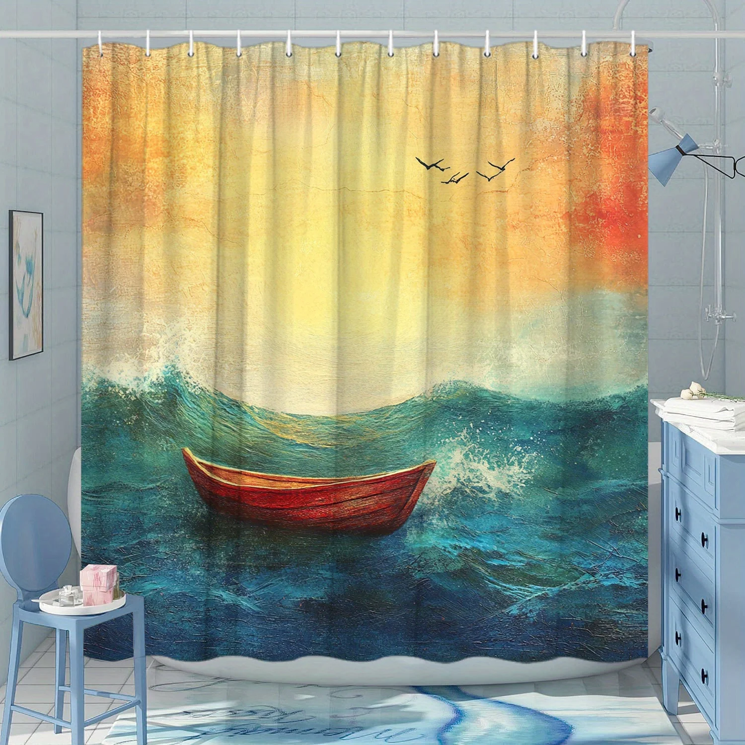 

1 шт. красная деревянная занавеска для душа на туркуленных сине-зеленых волнах с летающими птицами, украшение для ванной комнаты с морским пейзажем из полиэстера