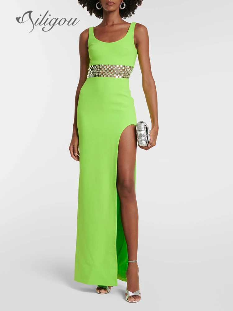 

Ailigou 2023 New Women's Sexy Tight Sleeveless Metal Sequin Hollow out Long High Split Strap Dress Elegant Celebrity Party Dress