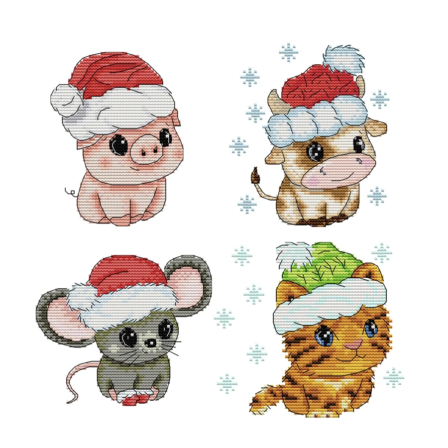 Joy Sunday Cross Stitch Christmas Santa Hat Piggy 14CT Print Fabric Stamped Cross Stitch Craft Kit Embroidery Needlework Sets