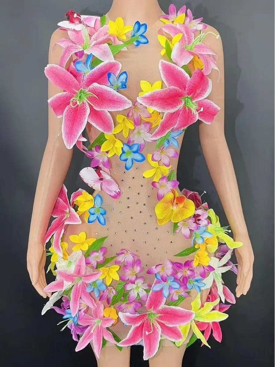 2024 neue Designer Sexy Mesh Cut Out Durchsichtig Blumen Kurzes Kleid Party Promi Geburtstag Nachtclub Sänger Frauen Kleidung