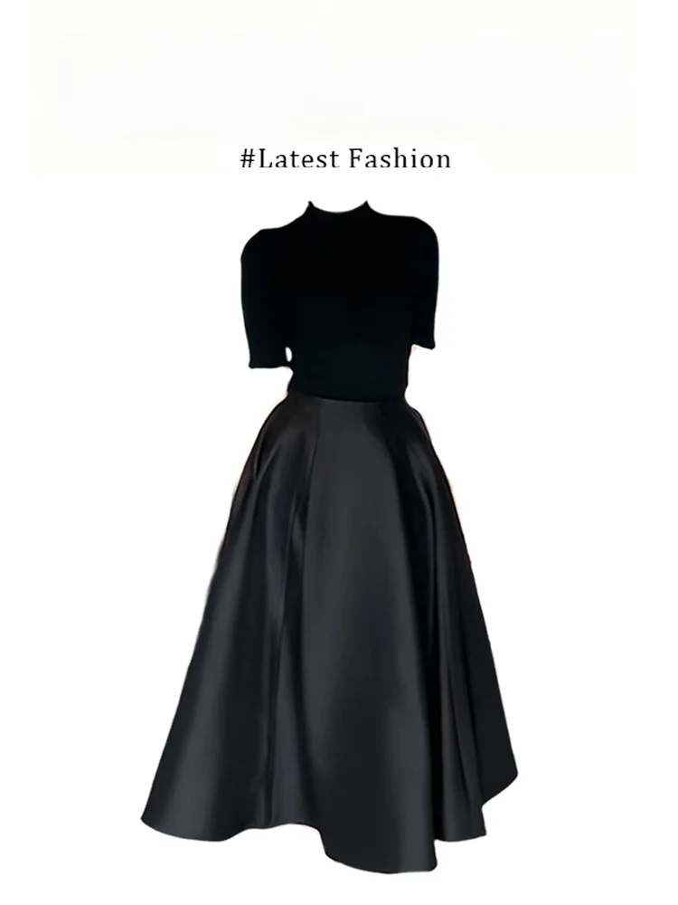 

Модный комплект в стиле Parkyeon Hebe: однотонный топ с рукавом до локтя и черное платье с завышенной талией, дышащее, легкое, осеннее.