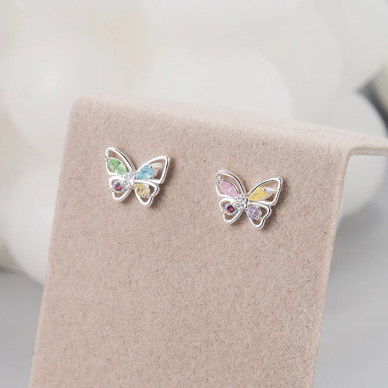 925 Sterling Silver Colorful Diamond Butterfly Earrings for Women Sweet Girl Heart Luxury Ear Studs Fashion Jewelry Gifts