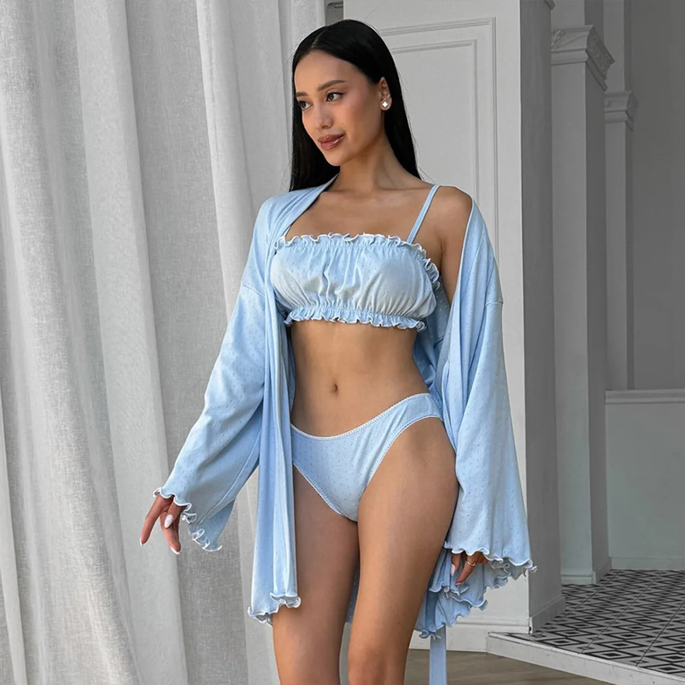 Sexy long robe underwear and shorts three-piece knitted pajama set for ladies' home wear