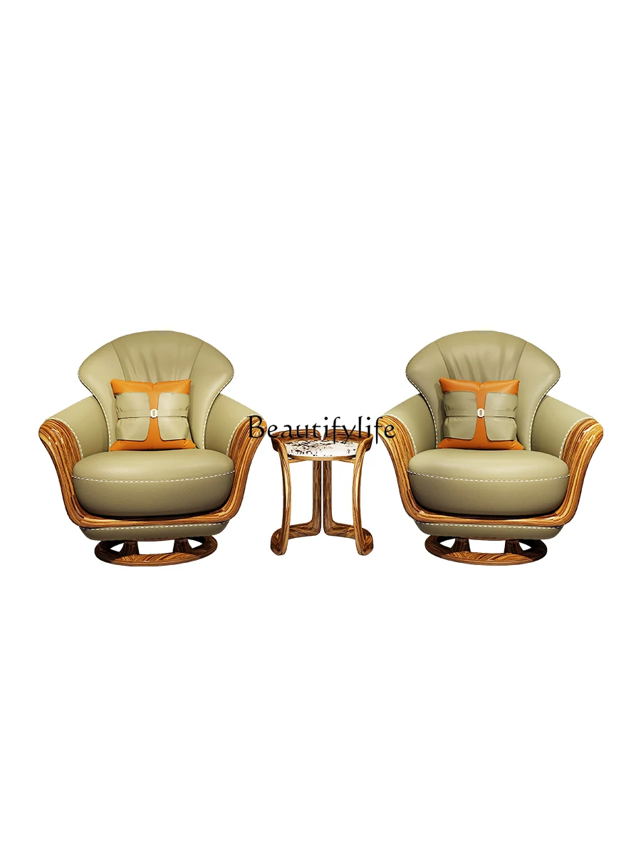 Modern Chinese Style Ugyen Wood Lounge Chair Simple Living Room First Layer Cowhide Swivel Chair