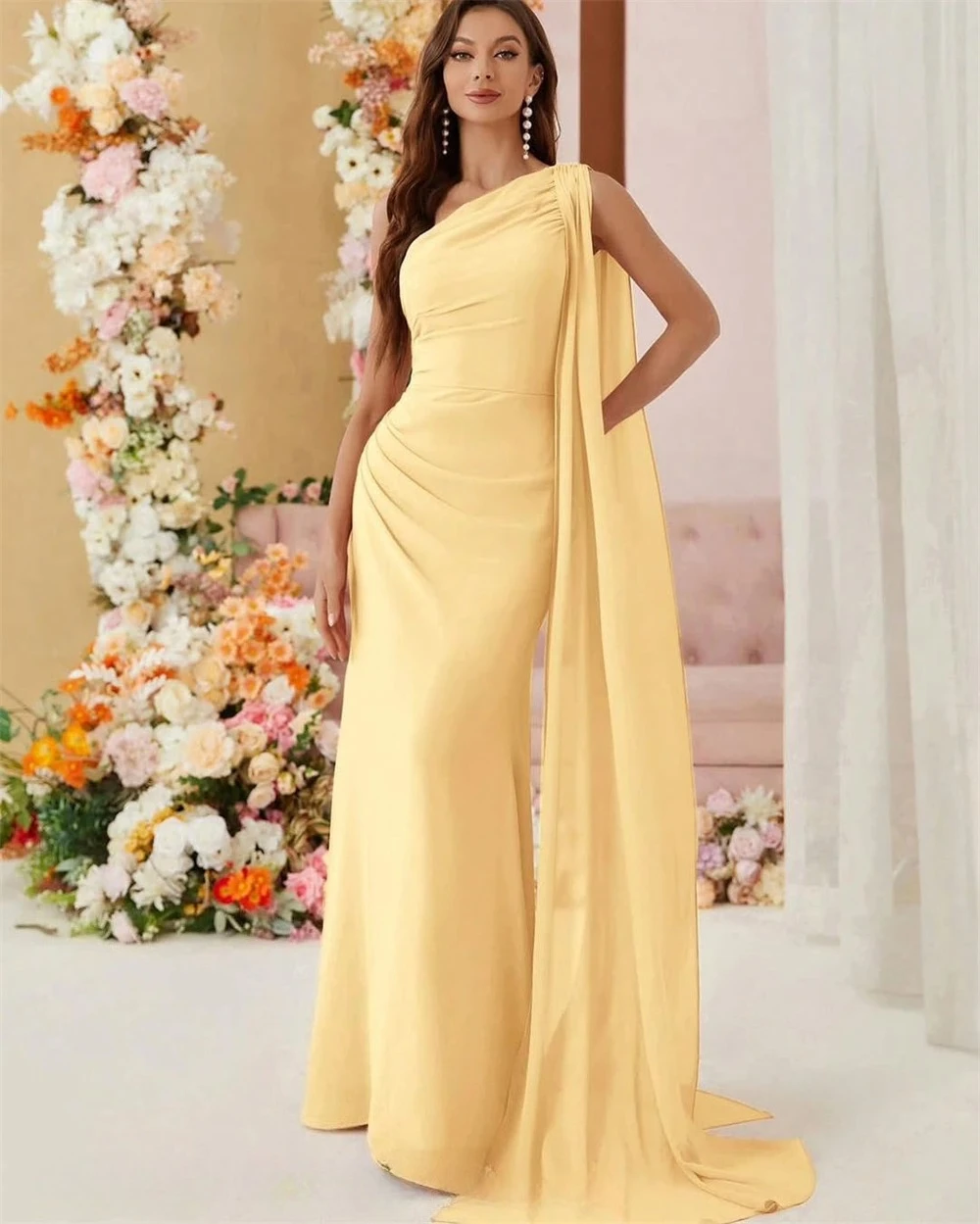 تخصيص الرسمي الأصفر جيرسي مساء اللباس أزياء قارب الرقبة أكمام حزب اللباس مزاجه الطابق طول فساتين المشاهير #5