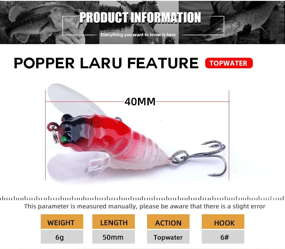 Agoie 6,5g 5cm Top water Popper Köder mit Flügeln Kunst köder lebensechte Zikade im Dunkeln leuchten Angel köder für Hecht barsch – Detail 2
