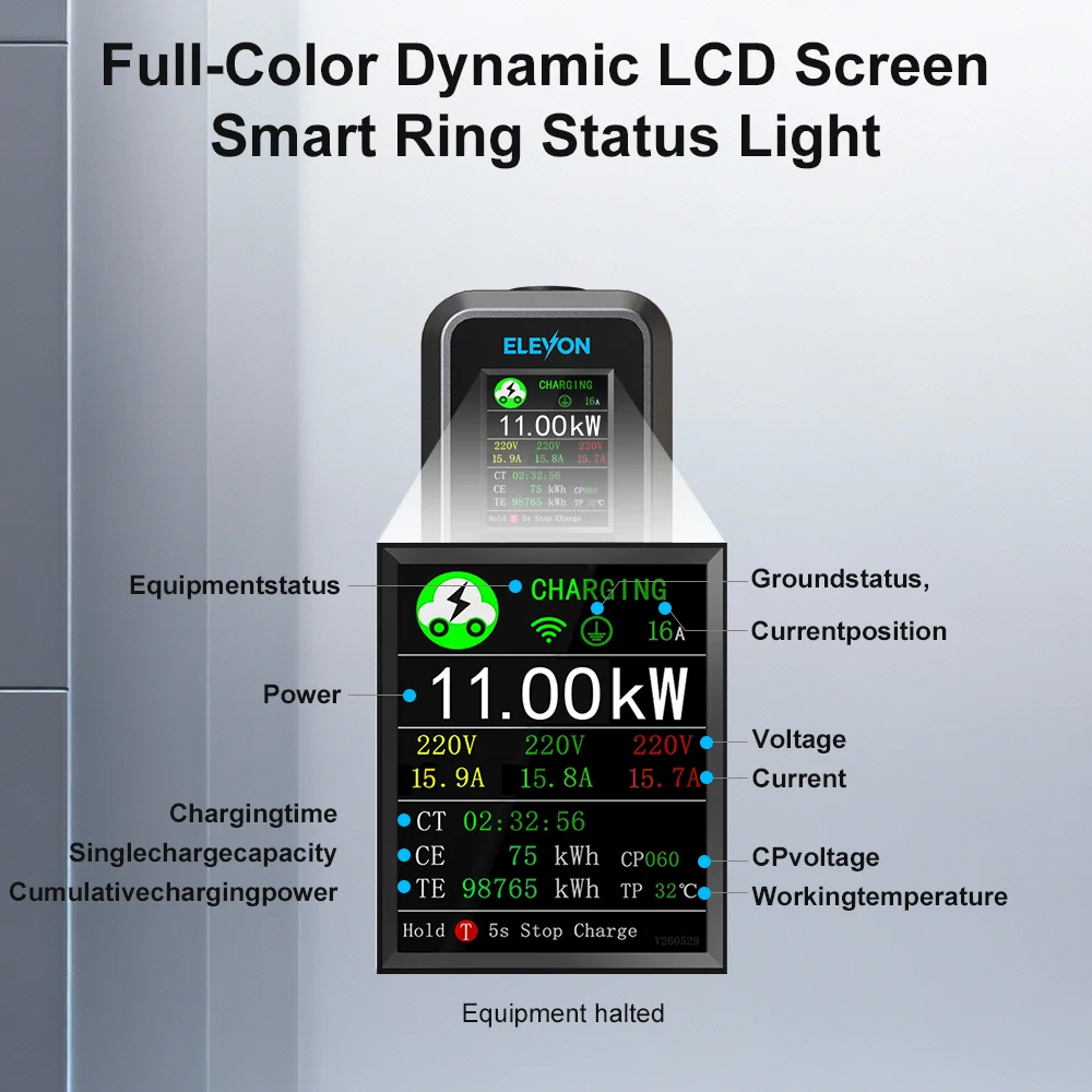 ELEVON Tragbares EV-Ladegerät Typ2 11 kW Elektrofahrzeug-Ladegerät 16A Dreiphasen-Ladestation für Elektrofahrzeuge 6A-16A Stromstärke – Detail 2