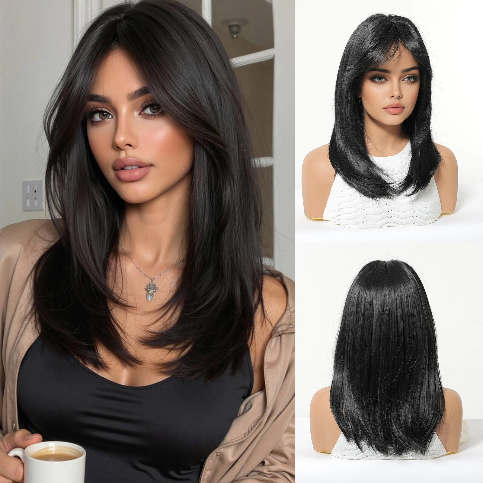 ALAN EATON Natural Black Synthetic Wig Medium Length Straight Wigs with Bang for Women Party Daily Use Heat Resistant Fiber