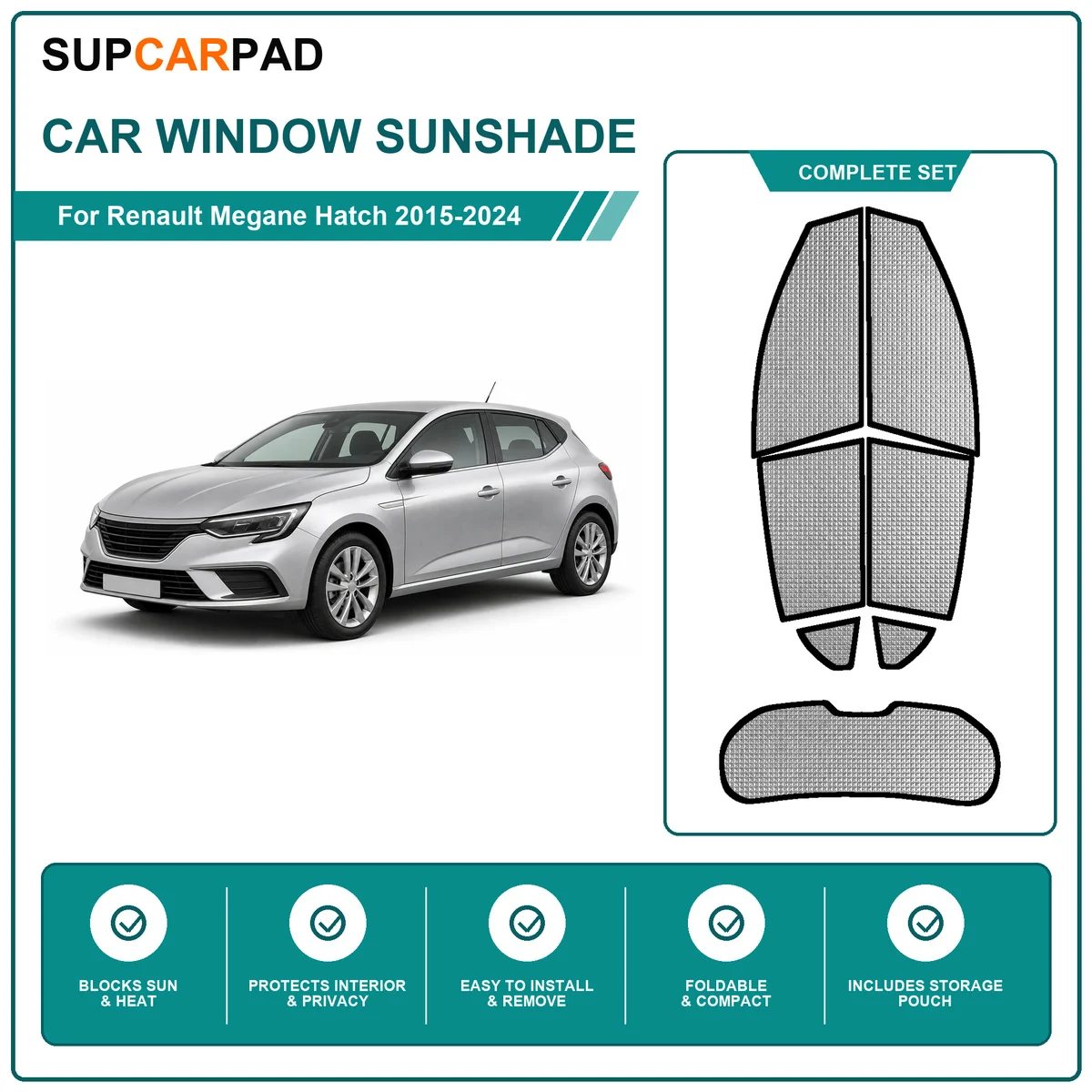 For Renault Megane Hatch 2015-2024 Full Set Car Window Sunshades UV Block Privacy Heat Insulated Foldable Car Curtain