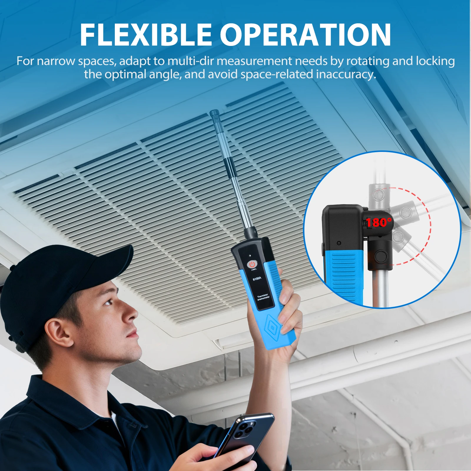 Anemómetro Inalámbrico Bluetooth con Registro de Datos en APP, Varilla Telescópica de 0.3-40m/s para Ventilación de Conductos HVAC, CFM HP-9100A