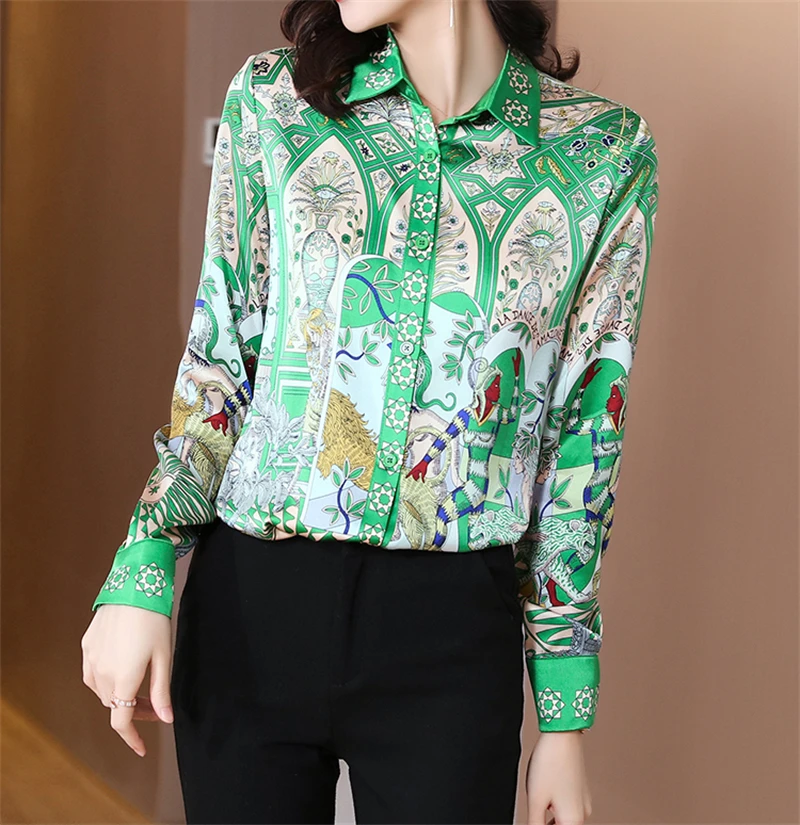ZAROY Baroque Print Vintage Women Satin Shirts Luxury Tops Spring Long Sleeve Lapel Slim Silk Blouses Vintage 3XL Blusas Mujer