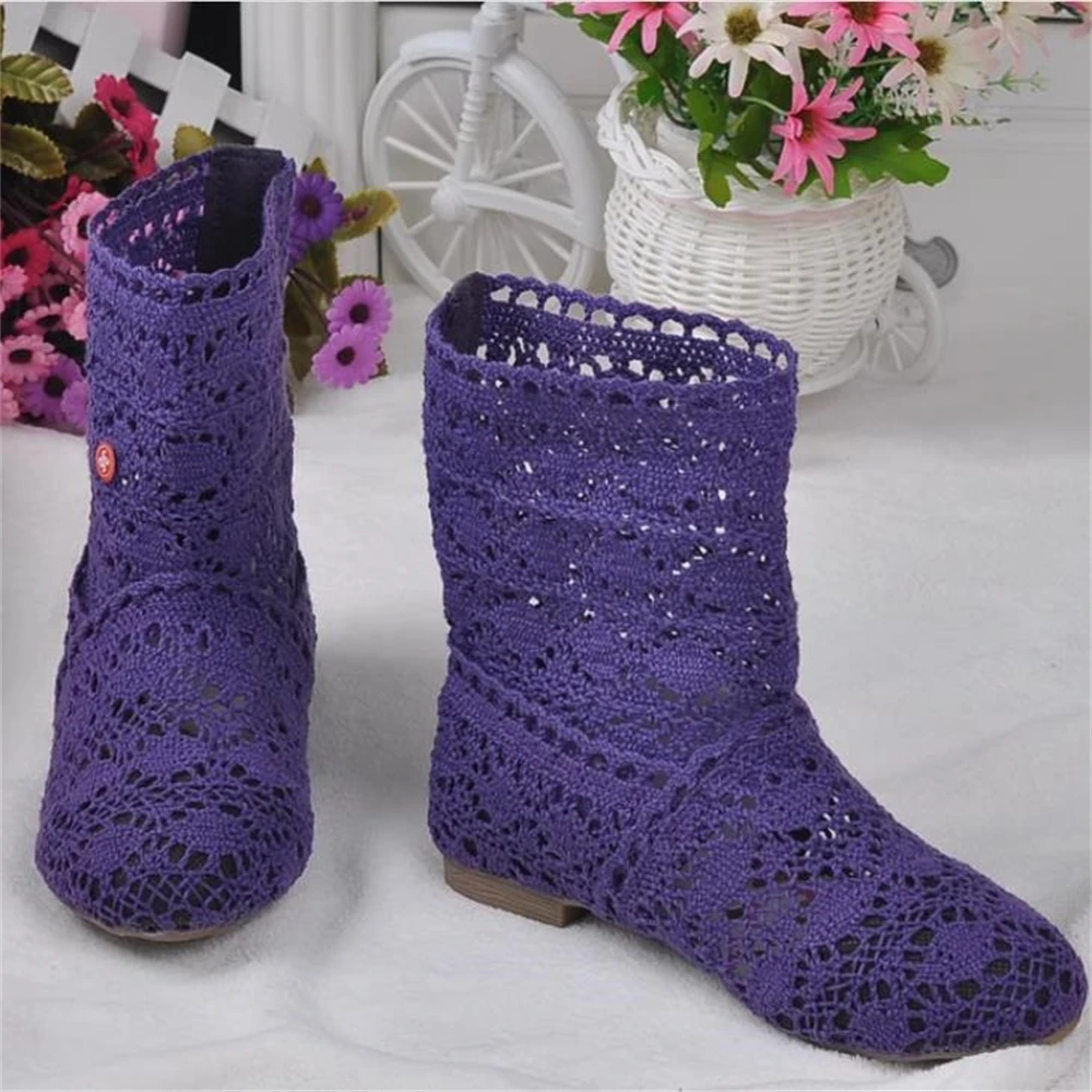 2024 women\'s shoes hollow boots breathable shoes fashion mesh knit line high to help summer women\'s boots Mid-Calf  high tube