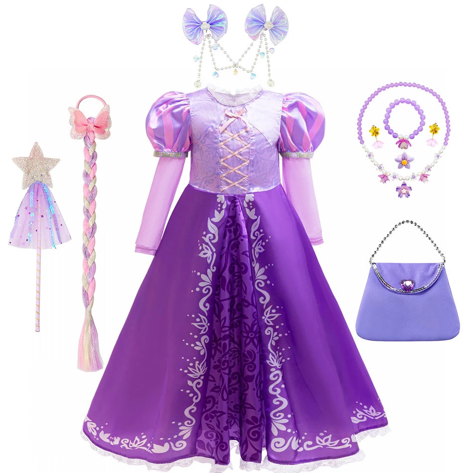 Girls Long Sleeves Rapunzel Dress Kids 3D Print Princess Dress Carnival Halloween Fantasy Disguise Gown Purple Floral Costume