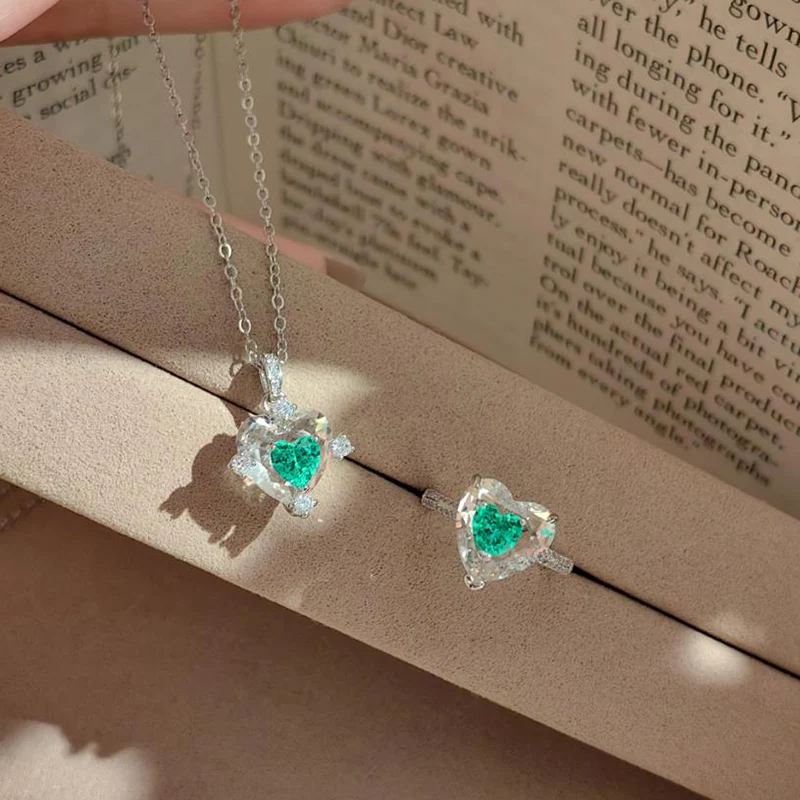 New Cupid White Crystal Peach Heart Necklace Sweet Love Ring Colorful Zircon Jewelry Set for Women Romance Gift KOFSAC