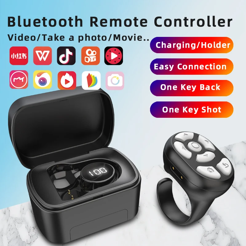 

Tik Tok Ring Remote Control Button Wireless Bluetooth Controller Fingertip Selfie Timer Page Turner Browsing with Charging Box